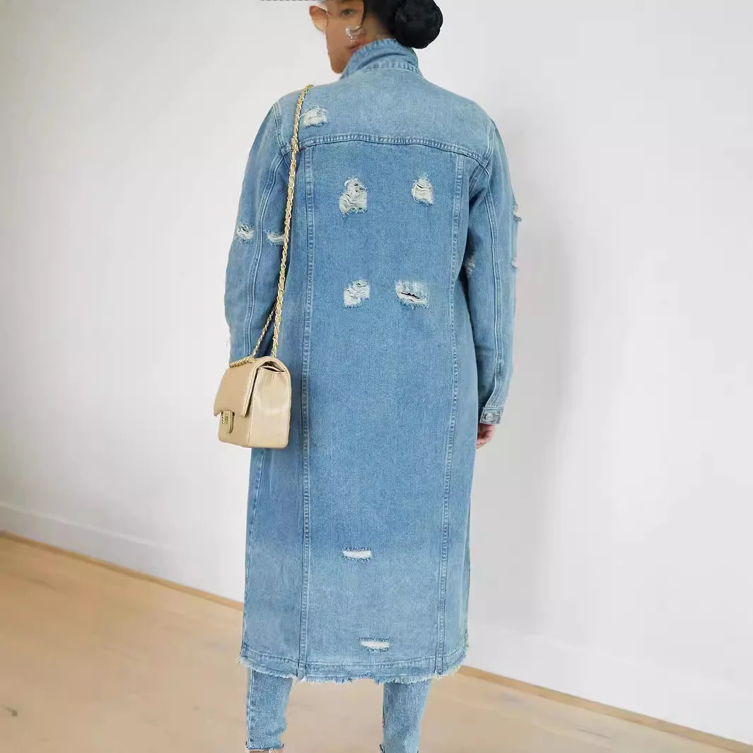 Women Long Denim Jacket Hole Overcoat Single Breasted Pockets Turn Down Collar 2024 Female Streetwear Vintage Jean Outerwear