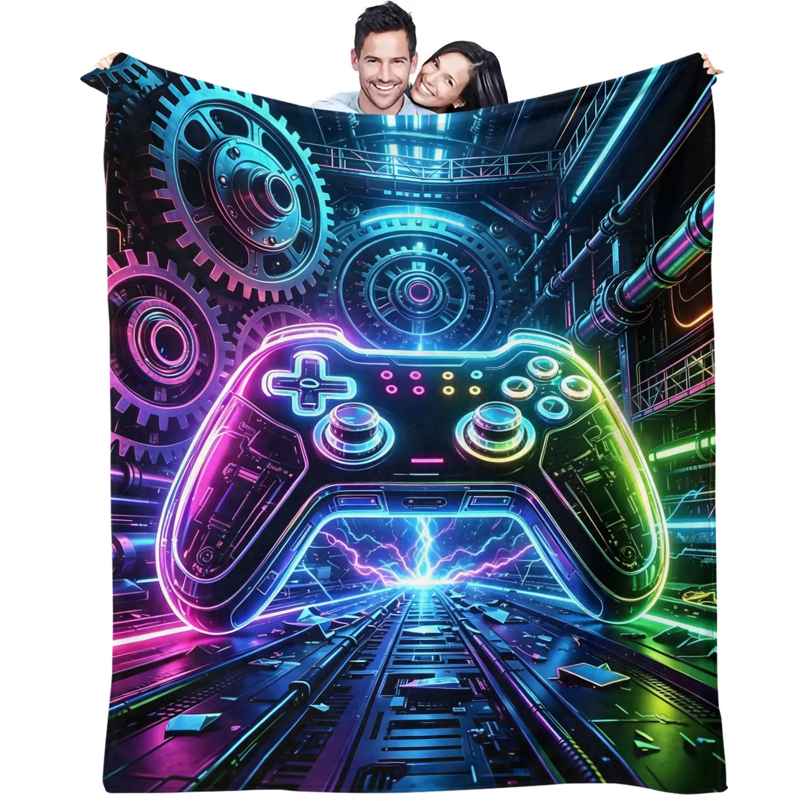 Neon Cyberpunk Gamepad Flannel Throw Blanket Mechanical Gear Sci-Fi Gaming Blanket for Sofa Bed Game Room Plush Decor Blanket