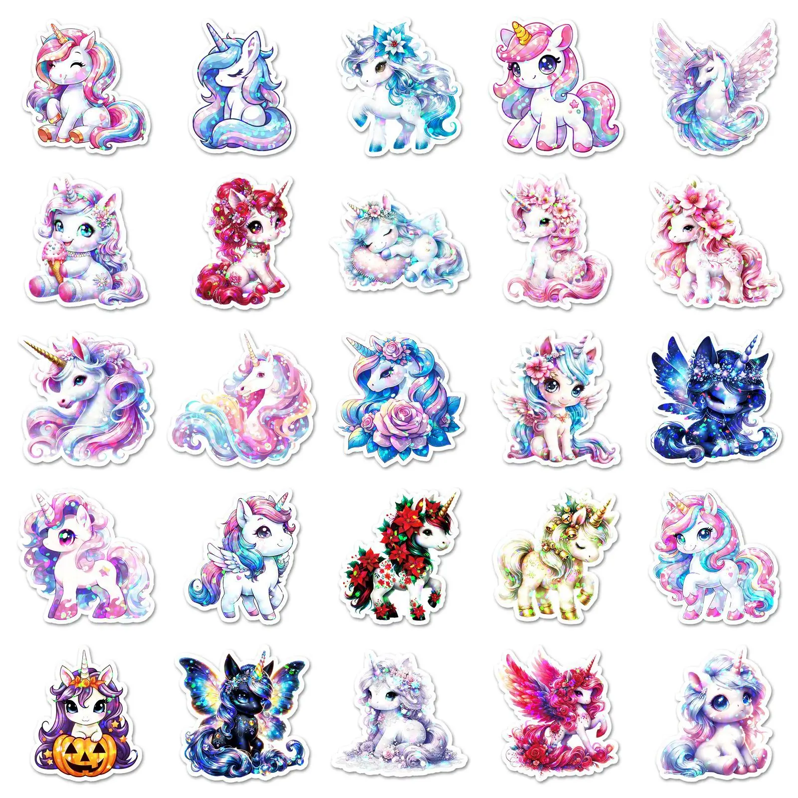 10/30/50PCS Flash Film Laser Rainbow Horse Unicorn Cartoon Animal Stickers for Water Cup Phone Computer Notebook Stationery