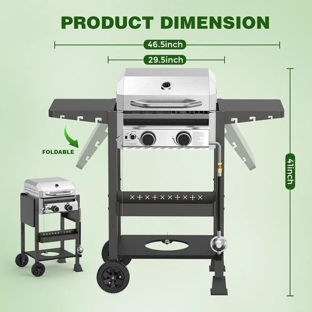 Stainless Steel 2-Burner Propane Grill, 16,000 BTU, with Foldable Sides and Storage - Perfect for Outdoor BBQs and Camping