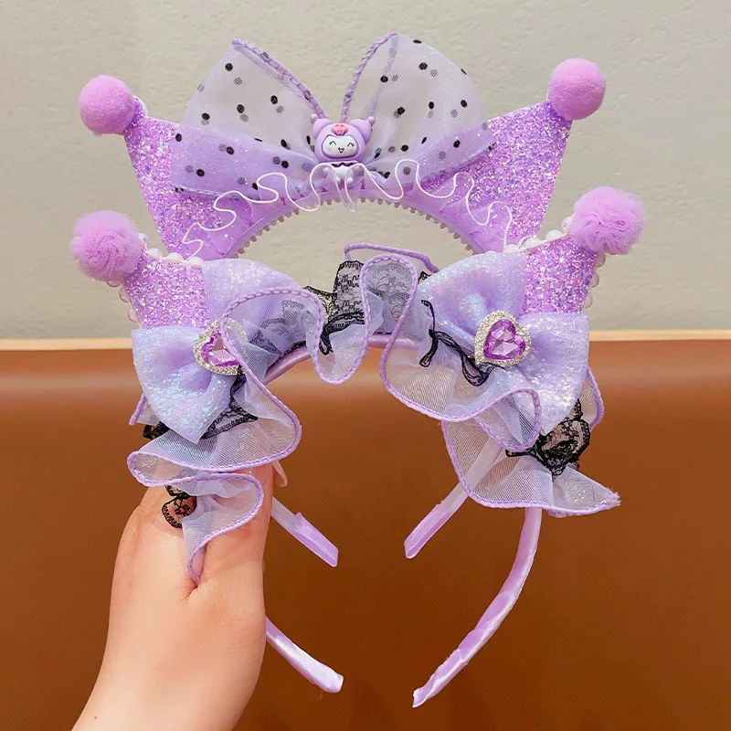 Sanrio Kawaii Kuromi Purple Headbands Anime Figure Mesh Bow Girls Hairband Babies Birthday Party Hair Accessories Cosplay Gifts