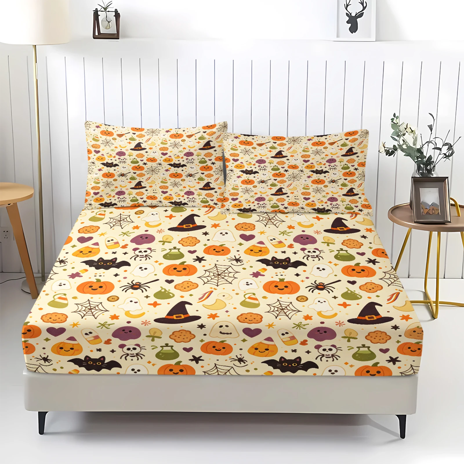 Halloween Fitted Sheet Set Cream Cartoon Pumpkin Ghost Bat Print Mattress Cover with Pillowcases Elastic Deep Pocket Bed Linen
