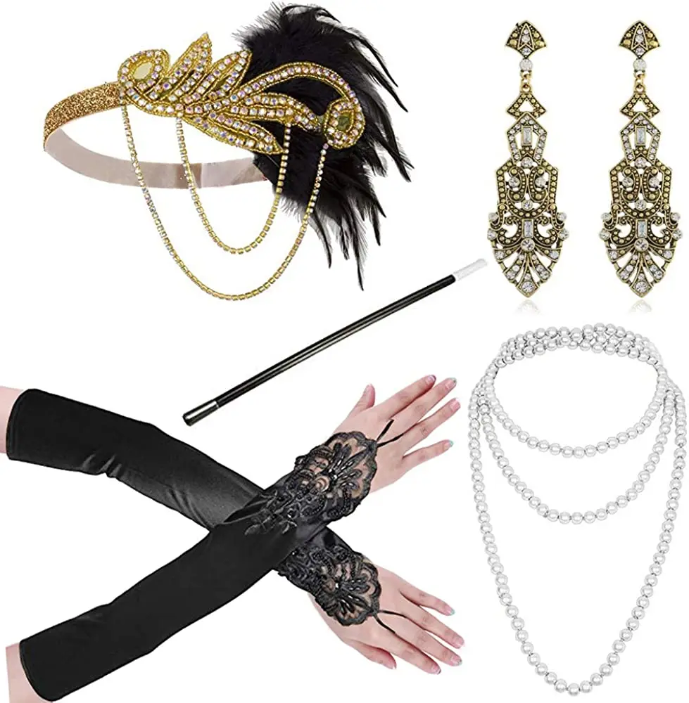 Women 1920s 5 Piece Charleston Flapper Dress Up Set Accessories Ladies Gloves Headband Feath  halloween decorations 20