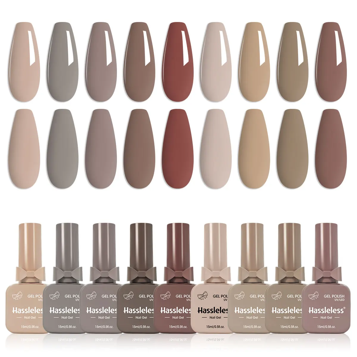 

Набор гель-лаков для ногтей из 9 штук в однотонных цветах в стеклянных флаконах в форме банта. Этот набор коричневых лаков для ногтей обладает длительным эффектом.