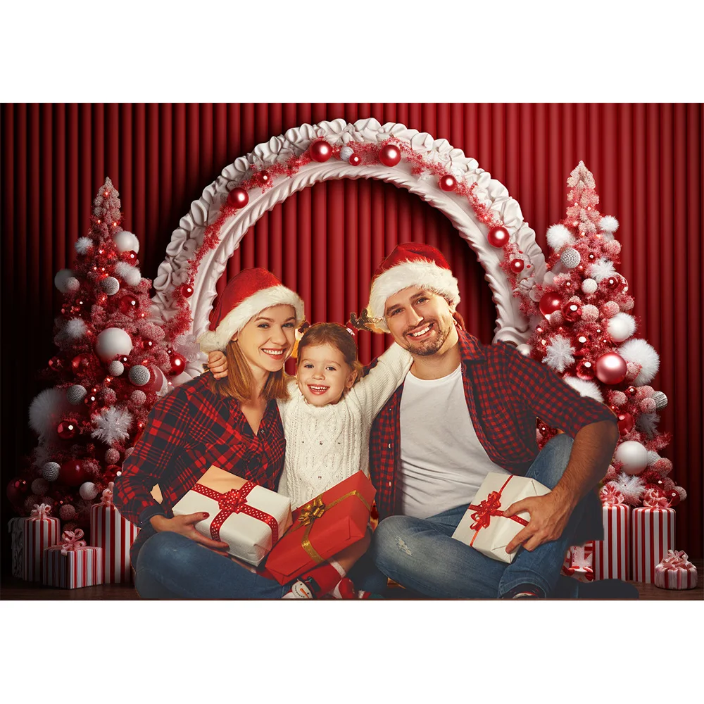 Merry Christmas Retro Red Wall Backdrop for Photography Xmas Tree Gift Room Sofa Decor Background Prop Kid Family Portrait Photo