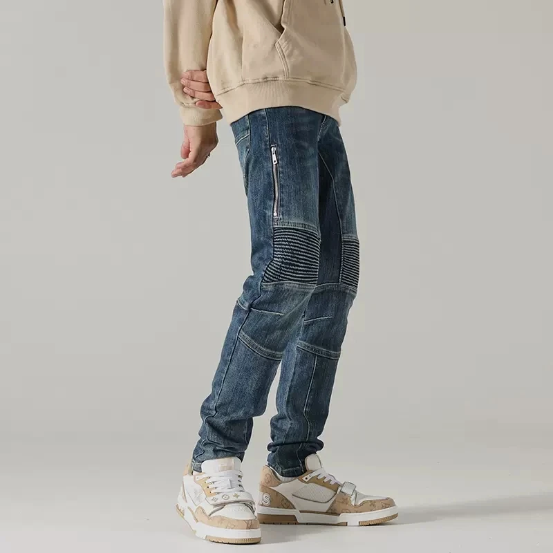 Streetwear Fashion Men Jeans Retro Blue Elastic Slim Fit Spliced Biker Jeans Men Patched Zipper Designer Hip Hop Pants Hombre
