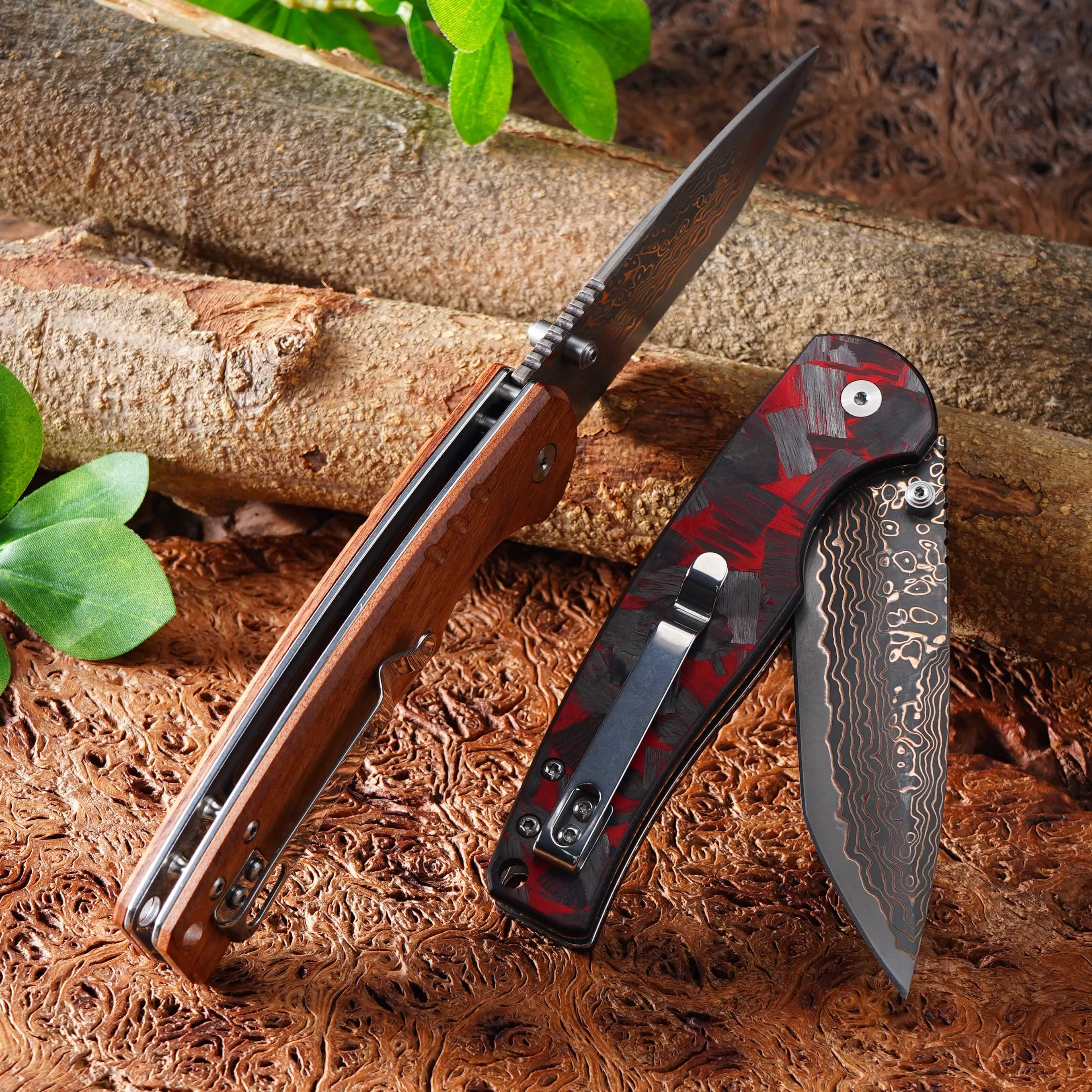 Yellow Copper Damascus Knife VG10 Steel Blade Carbon Fiber Handle Knives EDC Outdoor Camping Hunting Pocket Folding Knives