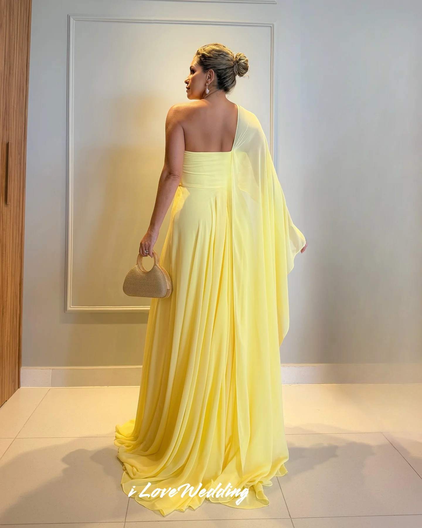 

Yellow One Shoulder Evening Dress 2025 Chiffon Shawl Flowers A-Line Pleat Dresses For Special Occasions Party Dress Customized