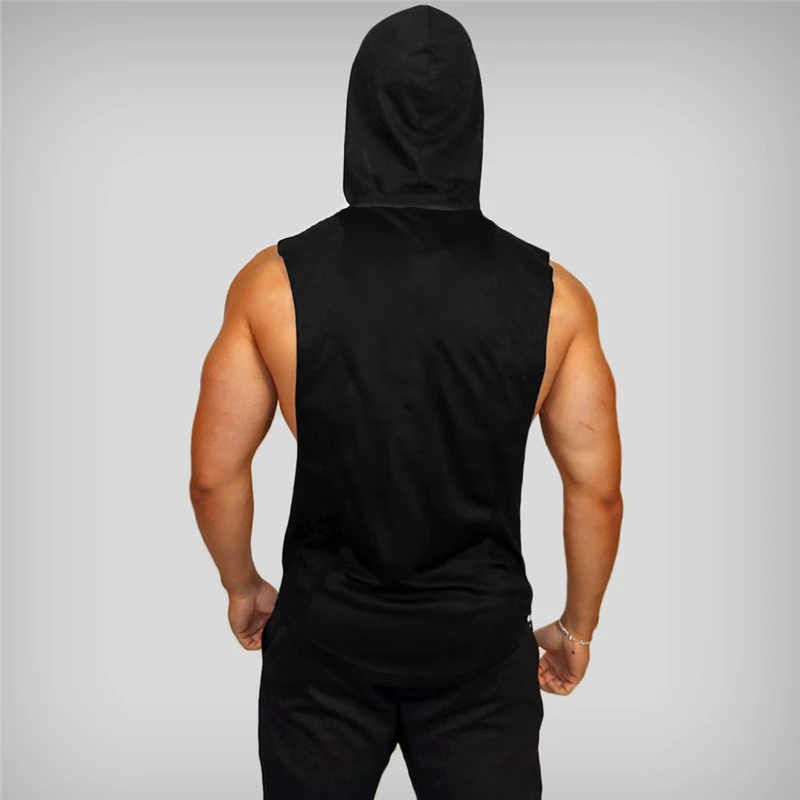 Men Loose Sleeveless Hooded T-shirt Summer Fashion Print Cotton Breathable Vest Gym Bodybuilding Fitness Running Sport Tank Tops