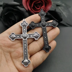 5pcs Silver Color Black 80x54mm Flower Cross Charms Jesus Faith Pendant Jewelry Making DIY Handmade Craft Accessories Wholesale