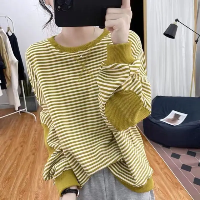 2023 Spring and Autumn Minimalist Casual Loose Fitting Oversized Round Neck Patchwork Striped Patchwork Versatile Women\'s Hoodie