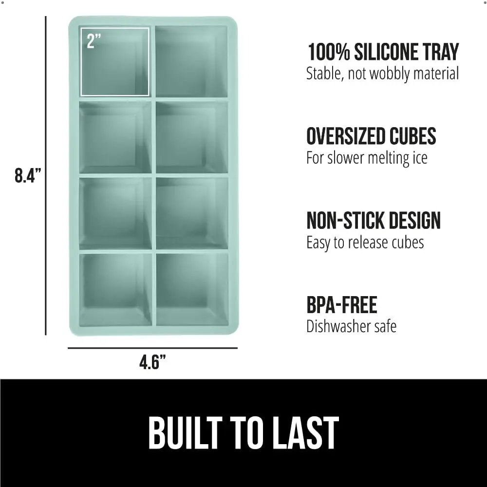Gorilla Grip Slow Melting Large Silicone Ice Cube Tray for Freezer, Easy to Push 8 Giant Square Cubes, Use for Cocktails, Iced Coffee, Water Bottle, Frozen Puree, Kitchen Bar Essentials, 1 Pack, Mint