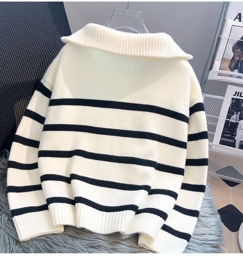 Polo neck sweater for women in autumn and winter thickened inner layer for outer wear new semi zippered striped bottom sweater