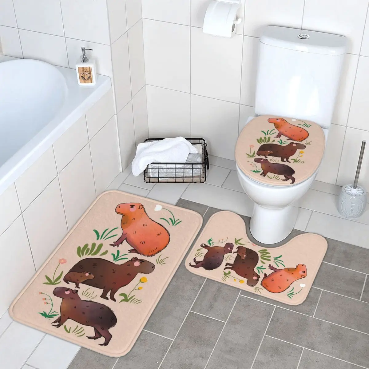 Capybara - Cute Green And Brown Animal 3 Pcs Bath Mat Bathroom Set Toilet Lid Cover Home Decor Non-Slip Carpet Floor Rug