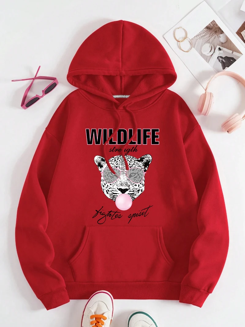 Wildlife Strength Hoodie Womens Leopard Printing Sweatshirts Pocket Loose Fleece Warm Pullover Winter Comfortable Woman Clothes