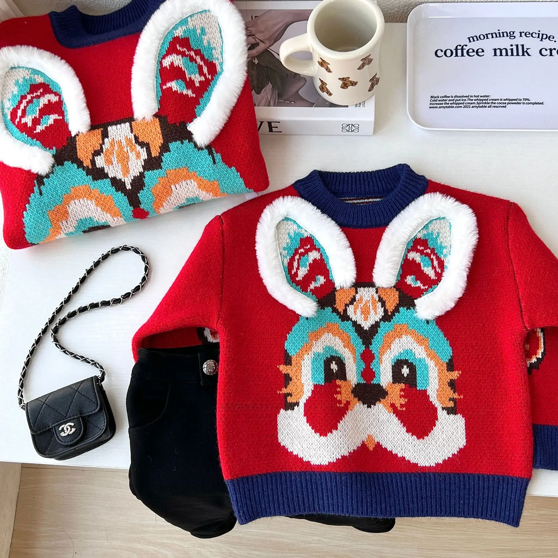 

Children Sweaters 2022 Rabbit Year New Girl Baby Red Celebration Fashion Men Women Childhood Shirts Parent Child Clothes