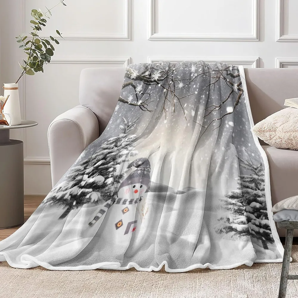 

Cozy Christmas Fleece Blanket with Snowman and Snowflakes, Plush Warm Throw for Sofa or Cabin