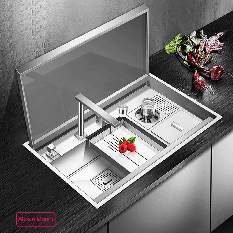 Imagem -02 - Asras-handmade Escovado Kitchen Sink Hidden Flip Cover Tamanho Único Aço Inoxidável 304 Tamanho Grande mm de Espessura