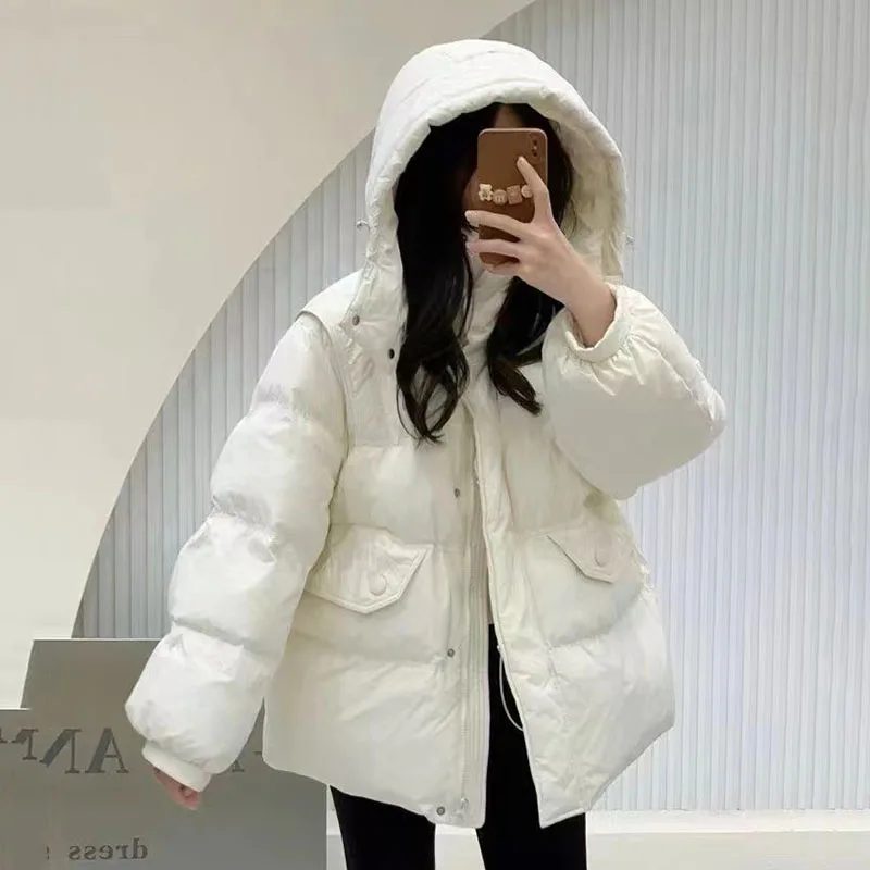 Piumino da donna caldo con cappuccio in piumino d'anatra bianca 2025 Piumino da donna spesso allentato casual con impunture in vita coreana di nuova moda H474