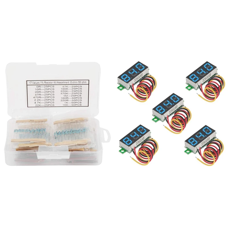 5Pcs Mini Digital Voltmeter DC 0-100V Three-Wire Meter Tester & 525Pcs 1/4W Metal Film Resistors Set