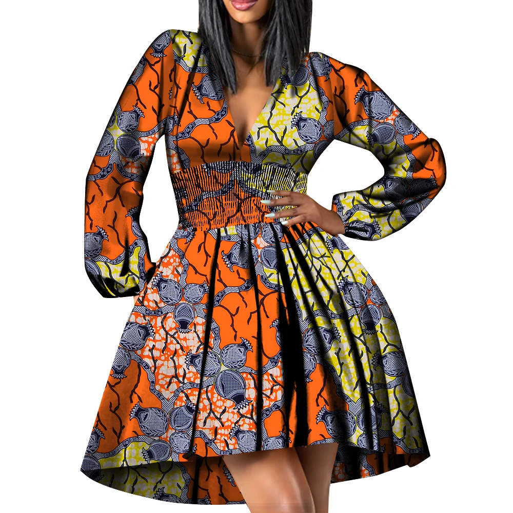 

Women's African Dress V Neck Long Sleeve Smocked Waist A Line Ankara Short Party Dress Wy3989