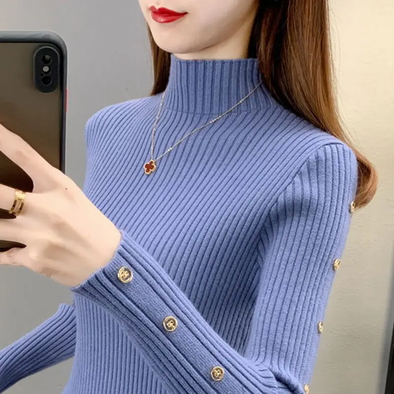 Fashion Turtleneck Button Solid Color All-match Sweater Women\'s Clothing 2022 Autumn New Casual Pullovers Loose Korean Tops