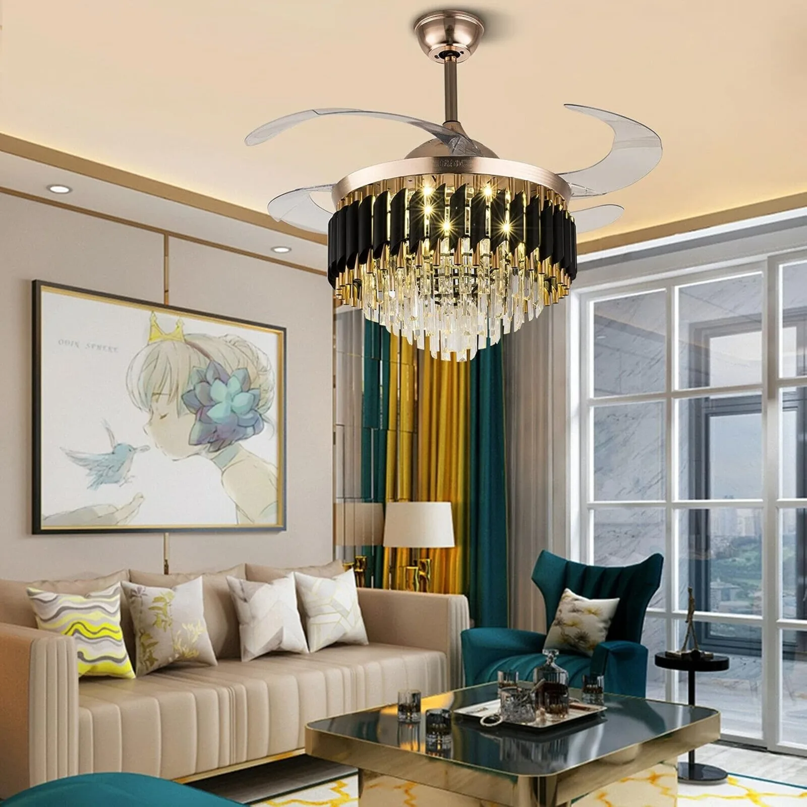 Crystal Ceiling Fan 3 Color Luxury Invisible Chandelier Fan with LED Light Retractable Blades for Living Room , Remote Control