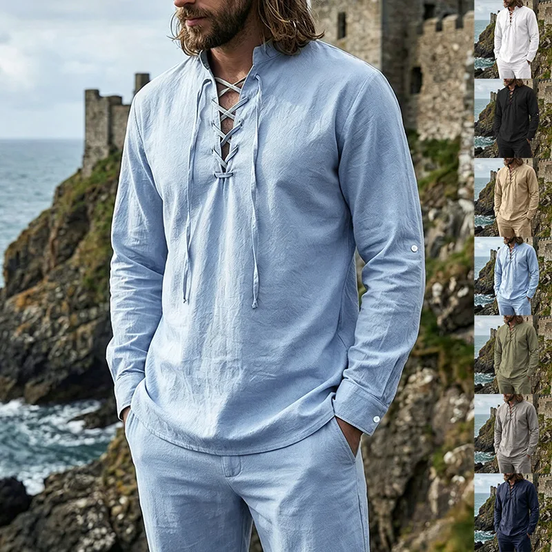 2026 Herren Vintage Mittelalterliches Leinenhemd mit Schnürung, Langarm, Henley-Ausschnitt, Locker Geschnitten, Piraten-Cosplay, Strand, Freizeit, Urlaub, Alltagshemd – Detail 2