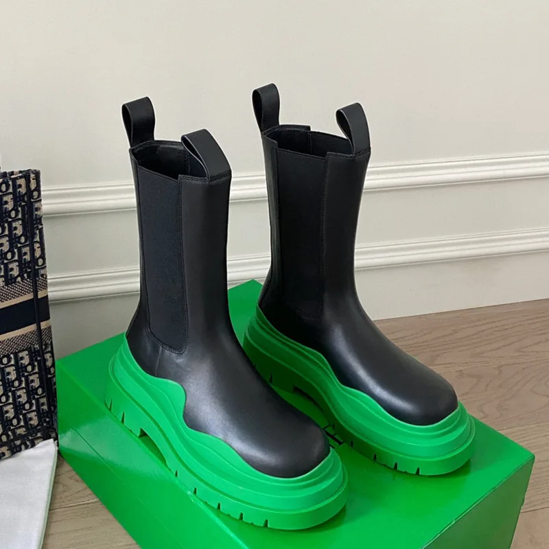 2025 novas botas chelsea mulheres/homens casal modelos plataforma meados botas dedo do pé redondo deslizamento em botas de chuva moda couro sapatos