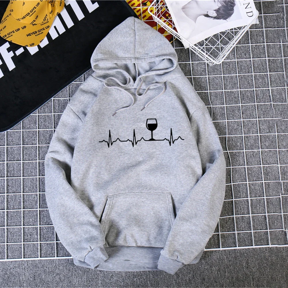 

Wine Heartbeat Print hoodie sweatshirts Women Long Sleeve O Neck Loose Hoodies 2020 Ladies Pullovers Warm Pocket Hooded Jacket