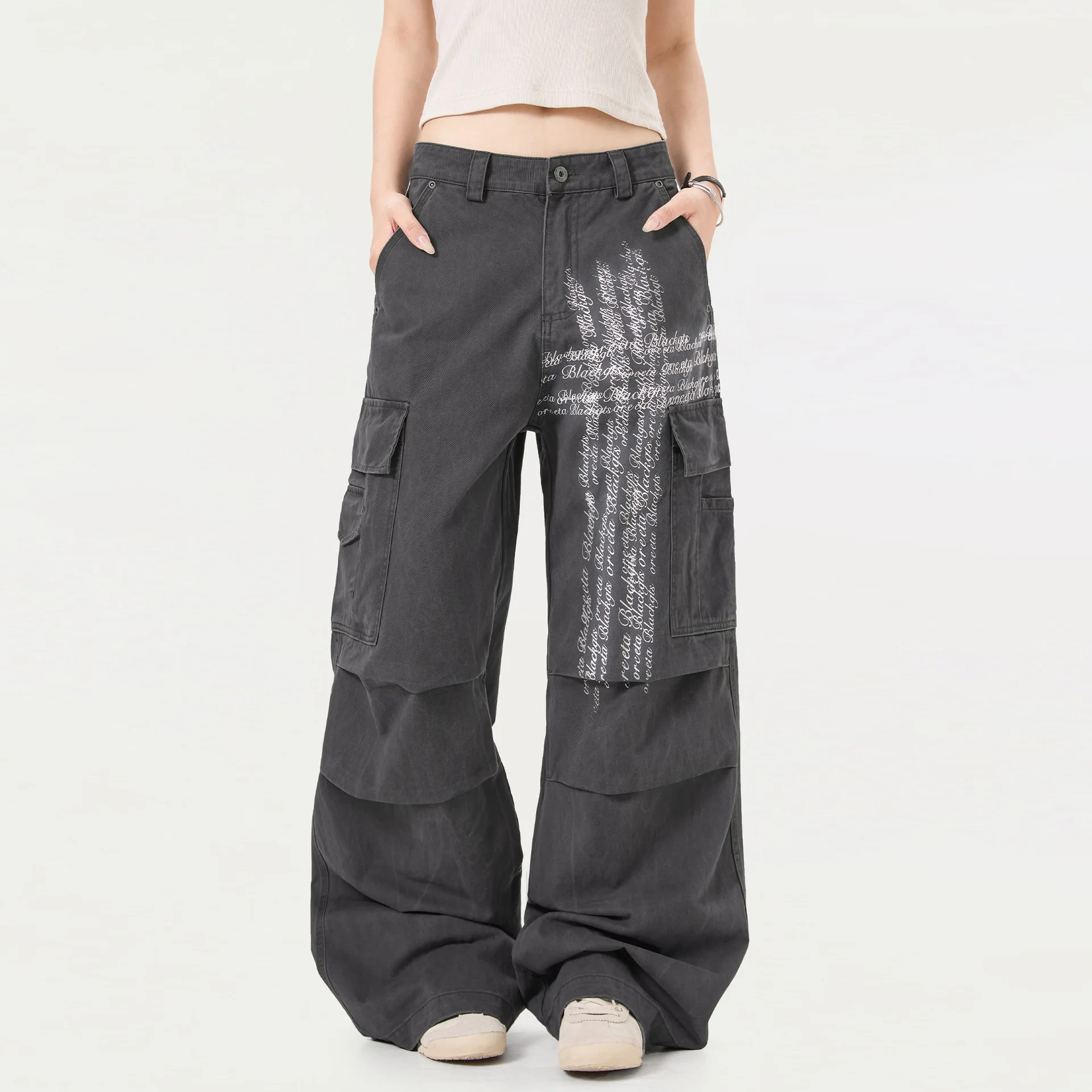 OR FL American Street Style Letter Print 100 Cotton Women Cargo Trousers Retro Pleats Staraight Slacks Women's Wide Leg Pants