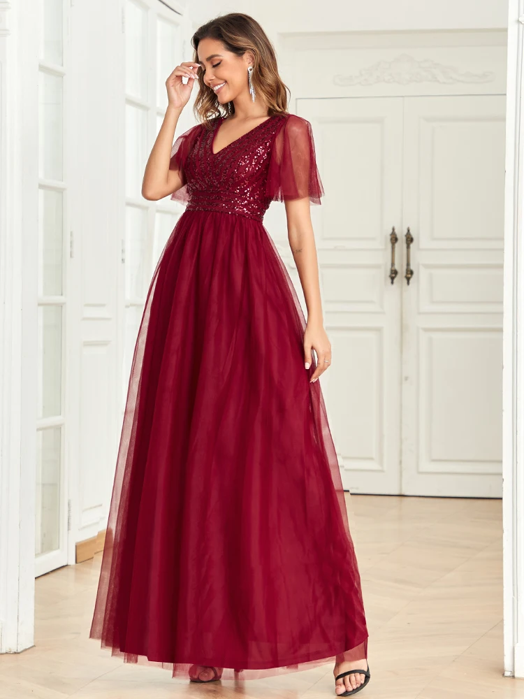 2024 New V-Neck Burgundy Elegant Formal Dresses A-Line Tulle Sequin Short Sleeve Wedding Party Bridesmaid Long Dress