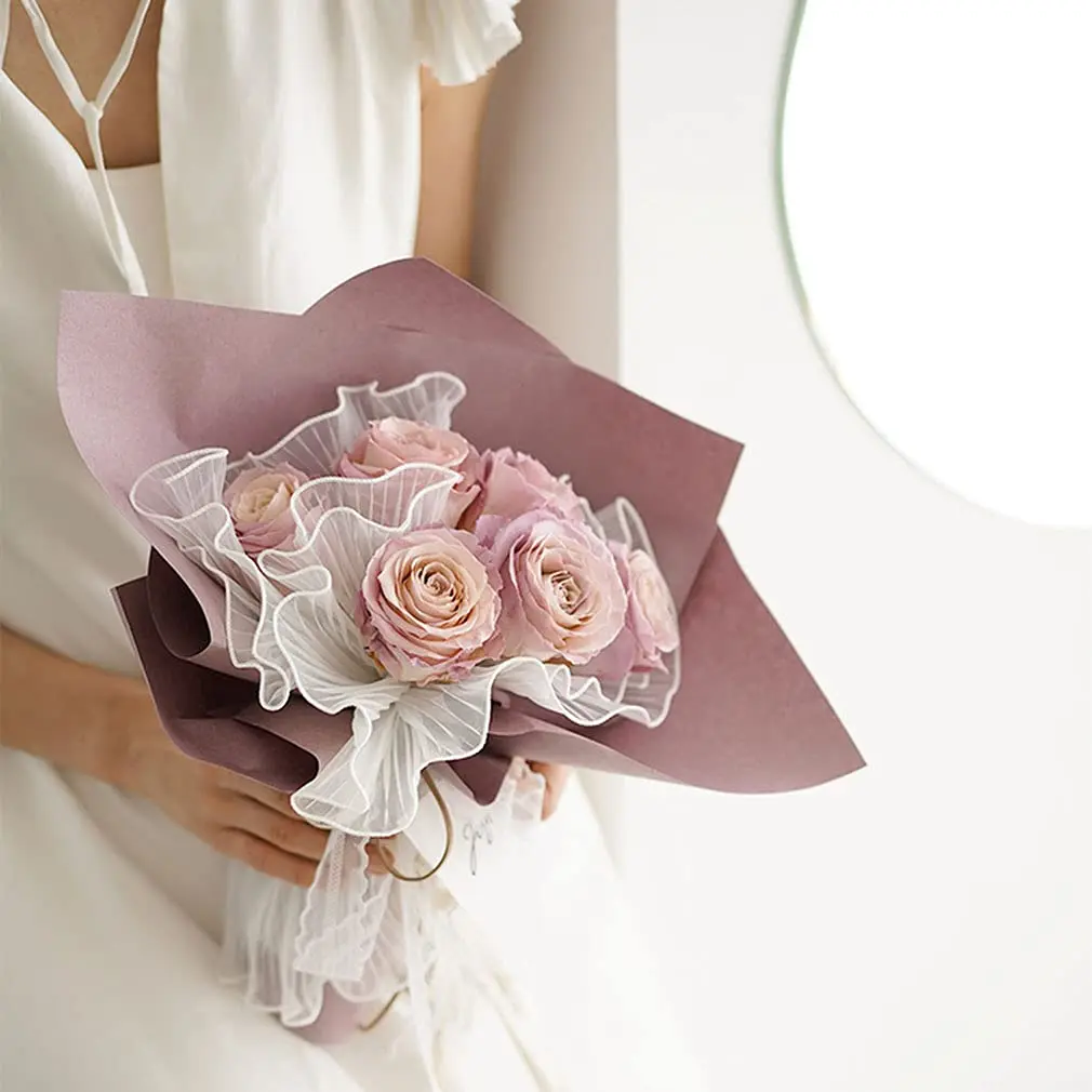 Pink Floral Packaging for Bouquets  Including Decorative Mesh Wrapping Paper, Pearl-Edged Wrapping Paper, Wrinkled Wave Mesh