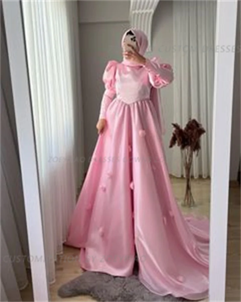 Light Pink 3D Flowers Prom Dress Silk Satin A Line Muslim Evening Dress Gowns O Neck Long Sleeve فستان سهرة Formal Party Dress