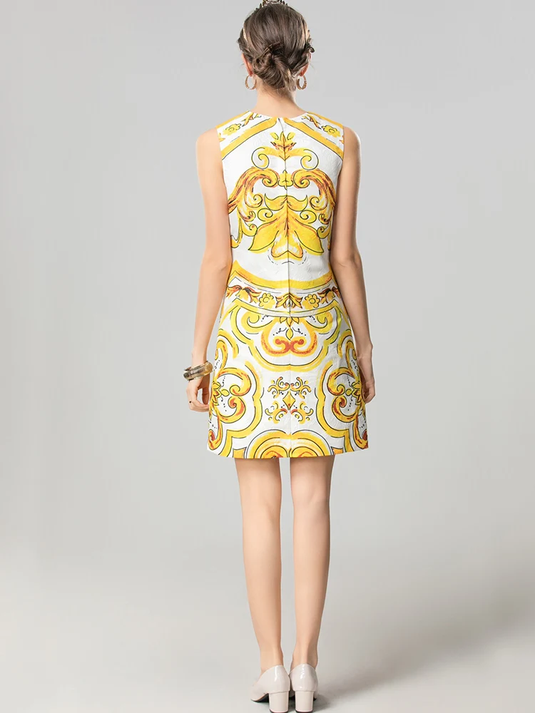 Women Yellow Porcelain Printing Jacquard Dress O-Neck Sleevless Tank Above Knee Vestidos Fashion Beading Sweet Lady