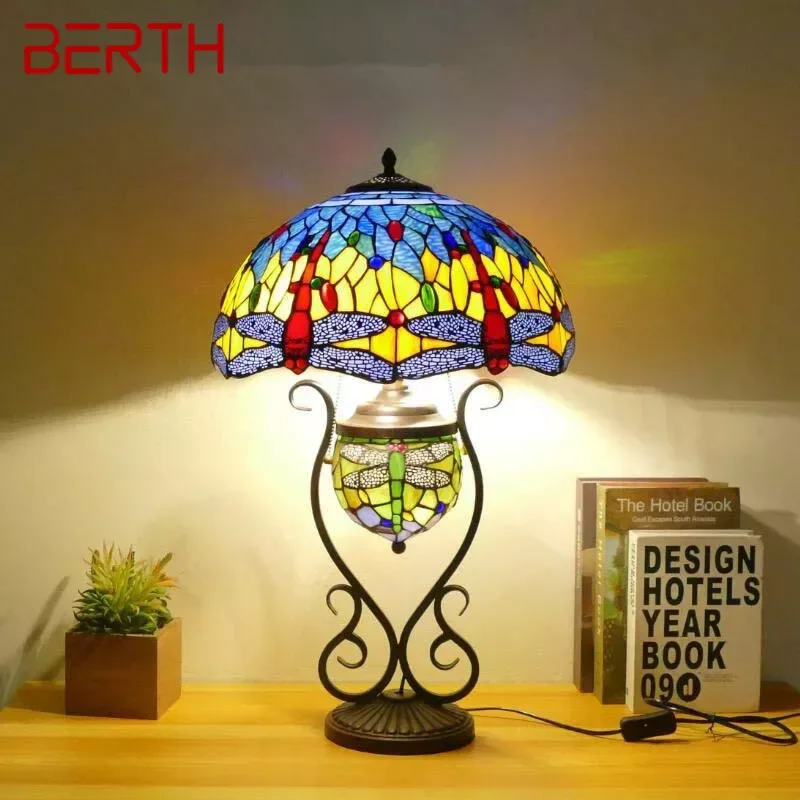 

BERTH Tiffany Table Lamp American Retro Living Room Bedroom Lamp Luxurious Villa Hotel Stained Glass Desk Lamp