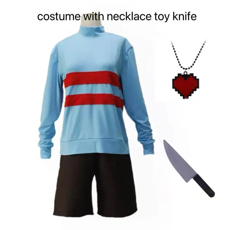 Game Undertale Frisk Chara Cosplay Costume High Collar Long Sleeve Sweatshirt Shorts Toy Knife Necklace Halloween Party Outfit
