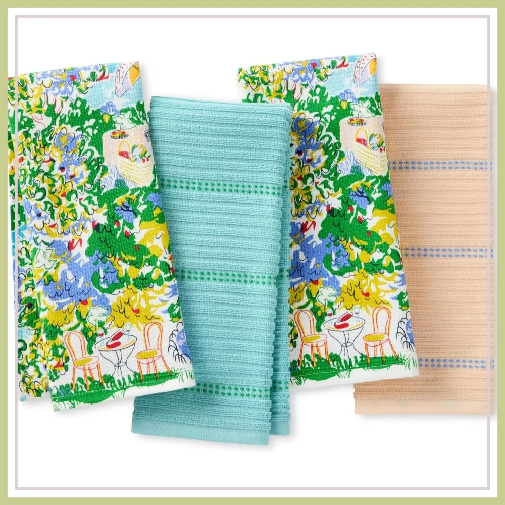 

Spring Garden Kitchen Towels 4-Pack Set, 100% Cotton Absorbent, 17x28 Inches, Blue/Green/Beige