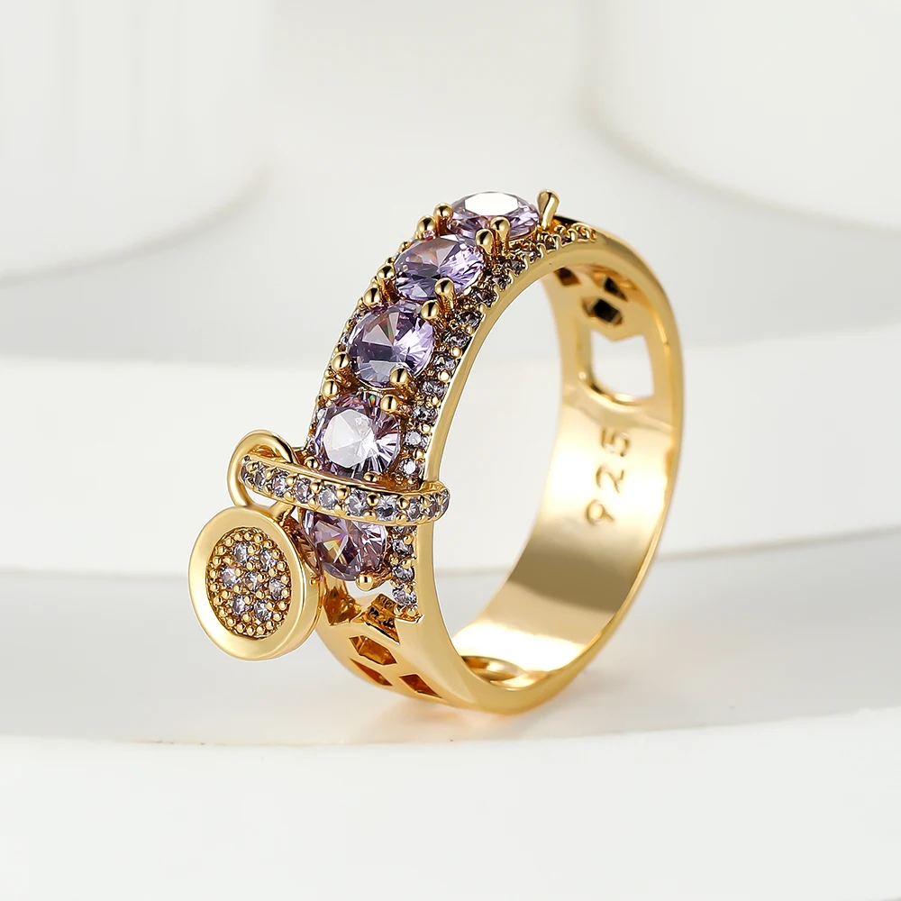 Vintage Royal Blue Stone Ring Yellow Gold Color Luxury Female Wedding Rings For Women Round Dangle Ring Engagement Jewelry Gifts