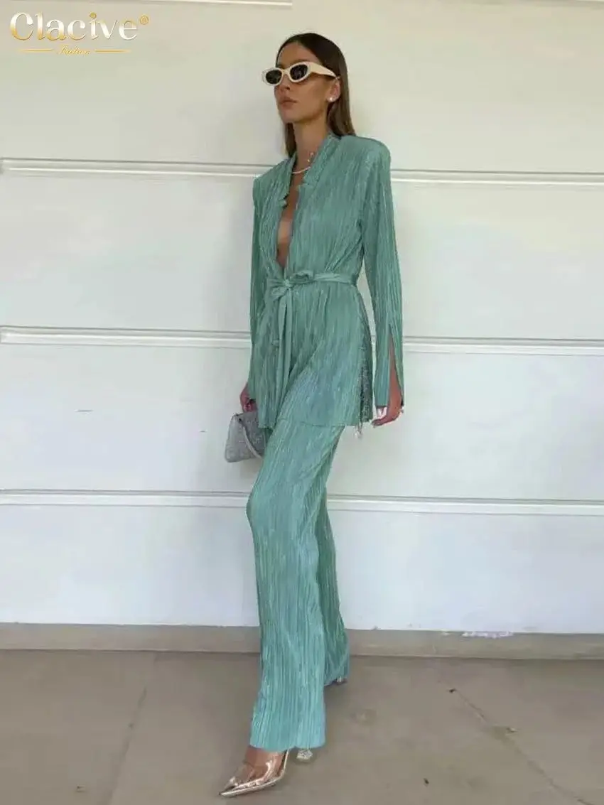 Clacive الخريف مطوي فستان أطفال مع سروال داخلي Bodycon شق بنطلون المرأة Faion Ele Busin عادية دعوى فرقة