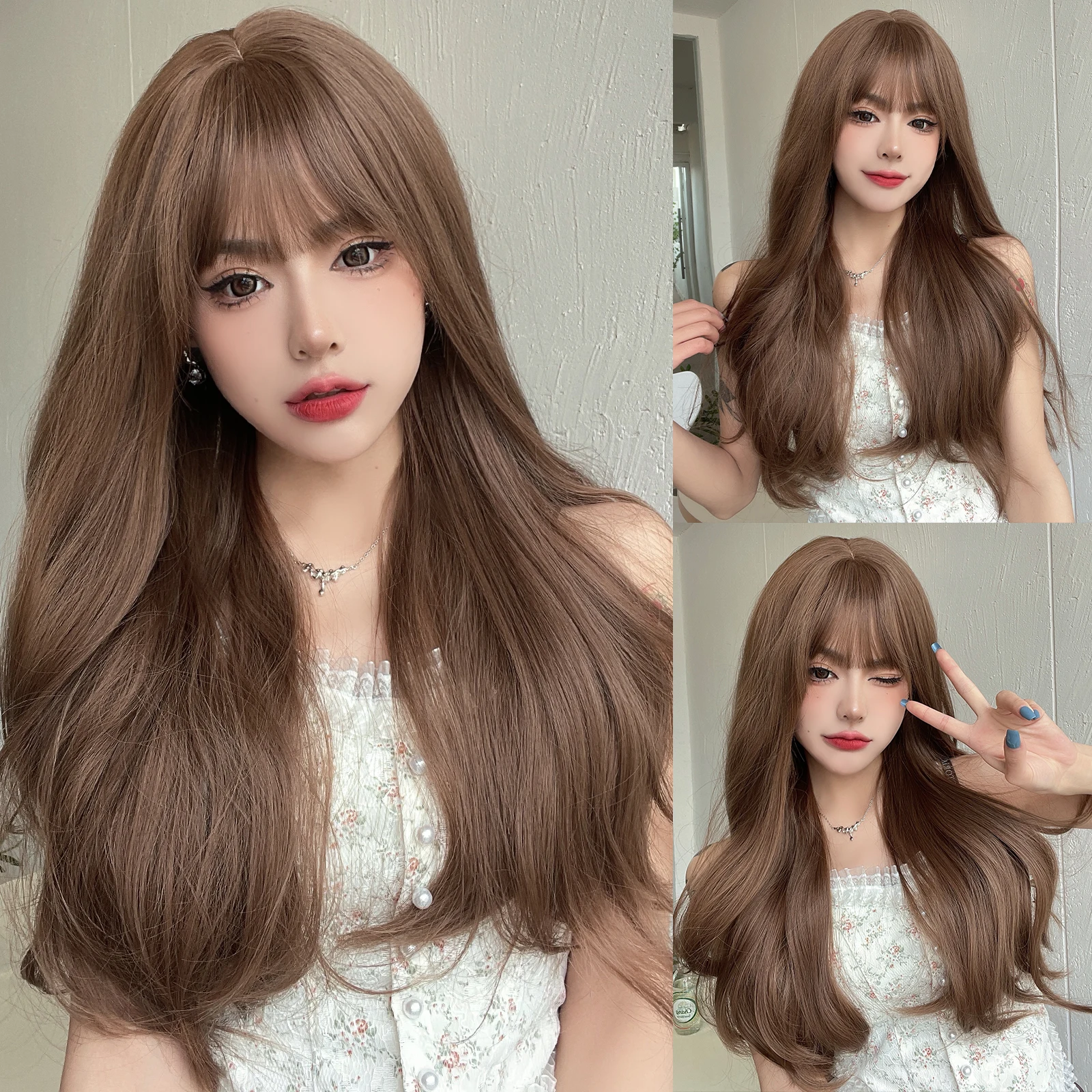 MEISU Brown Micro Curly Long Wigs 24 Inch  Fiber Synthetic Heat-resistant Sweet And Natural Party or Selfie