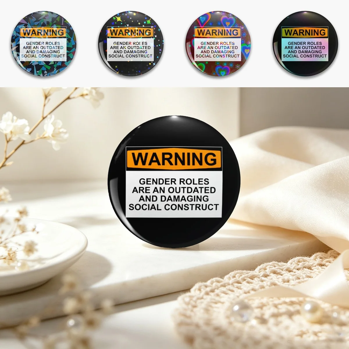 WARNING: GENDER ROLES ARE AN OUTDATED AND DAMAGING SOCIAL CONSTRUCT Pin Holographic Star Heart Pin Brooches Laminated Button Fas