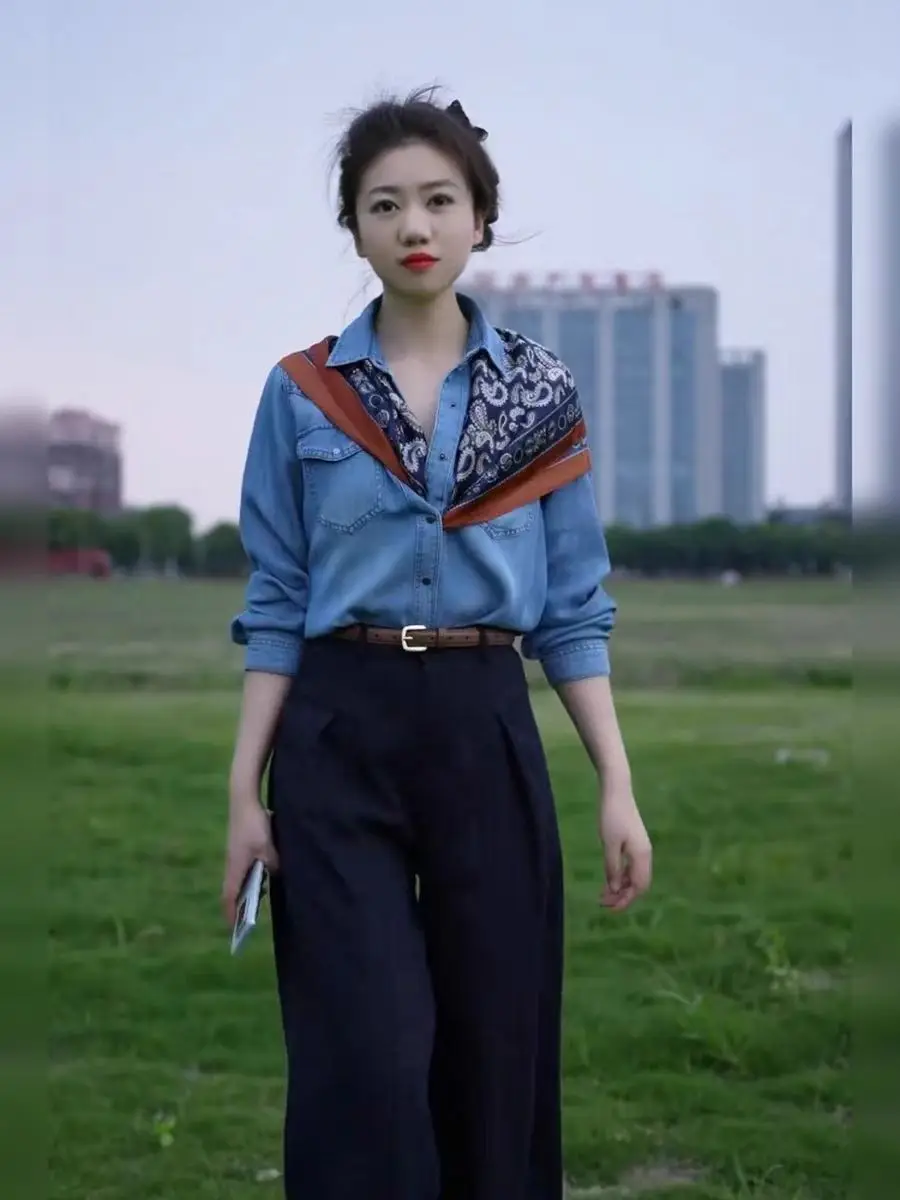 

Синяя джинсовая рубашка женская, весна-осень 2025, новая, высококачественная, на одной пуговице, с длинным рукавом, тонкая, модная, в корейском стиле, свободного кроя