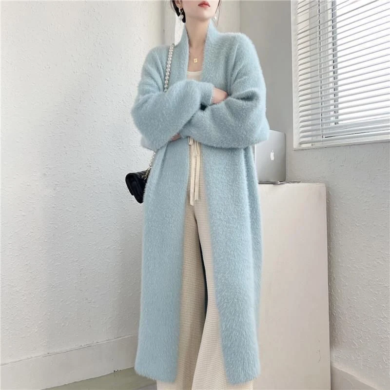 Korean Faux Mink Fur Vintage White Cardigan Winter Women Knitted Fluffy Sleeve Sweater Cashmere Mohair Warm Fashion Long Coat