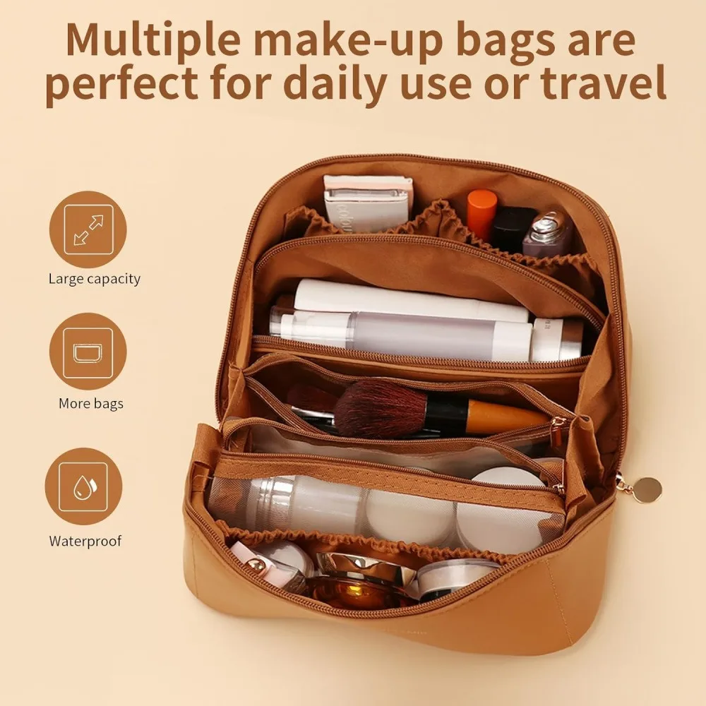 PU Makeup Bag, Large Capacity Travel Organizer Pouch for Cosmetics, Lipstick, Foundation, Brushes, and Skincare, Waterproof Pillow Bag with Handle (Random Color)