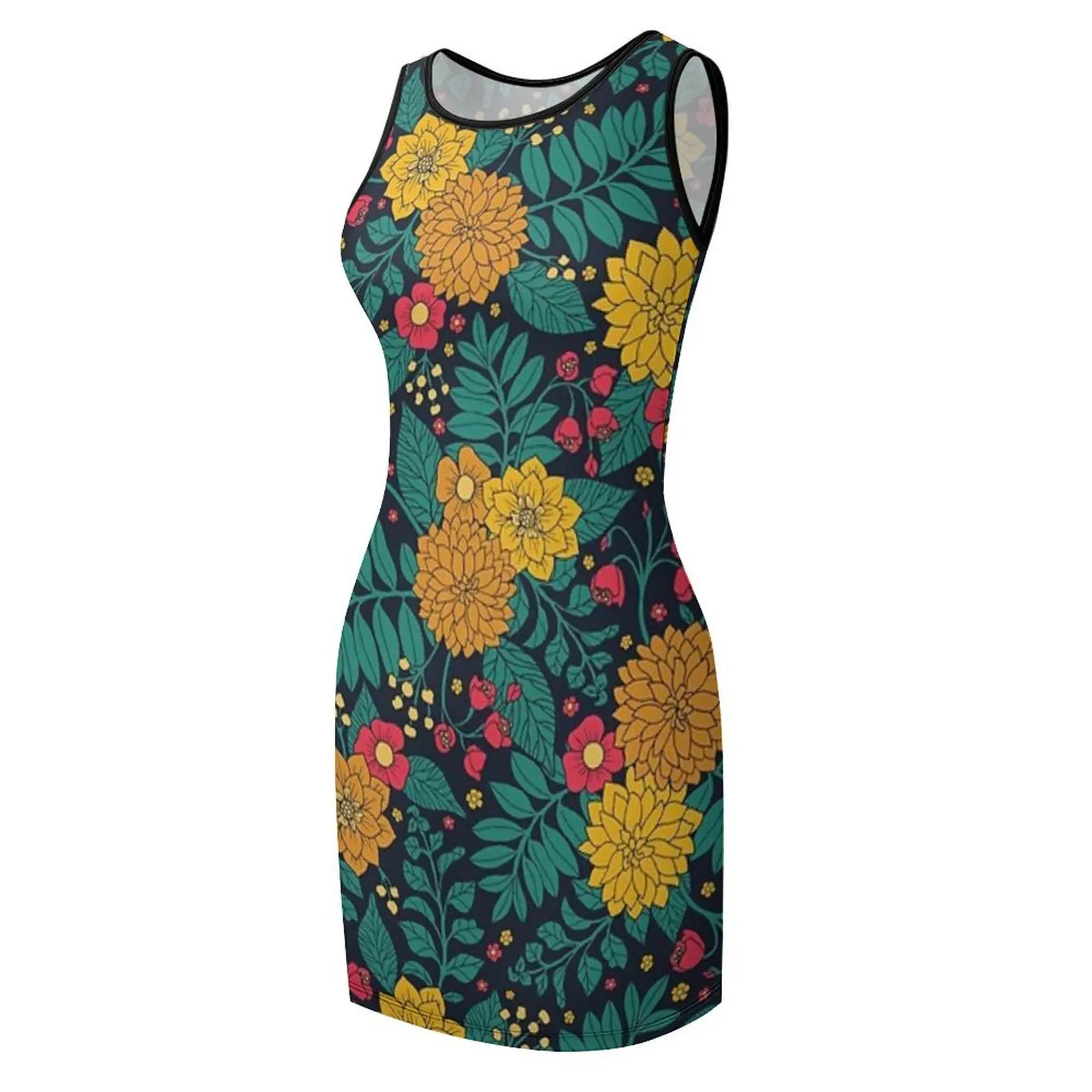 청록색, 노란색 및 산호색 꽃무늬와 잎과 꽃이 있는 민소매 선드레스 신부 들러리 드레스 여성용