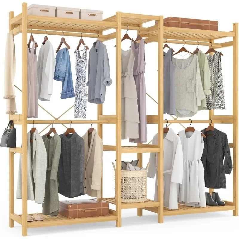 

Homykic Bamboo Wardrobe System Hanger, Large Freestanding Clothes Rack, Hanger for Hanging Clothes with Storage Rack and Rod,