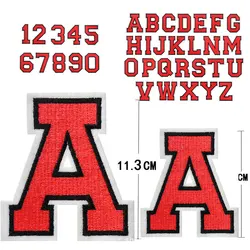 Rosso ricamato 11.3cm lettere ferro su Patch Jersey numero figure Appliques alfabeto uniforme adesivi abbigliamento cucire nome distintivo