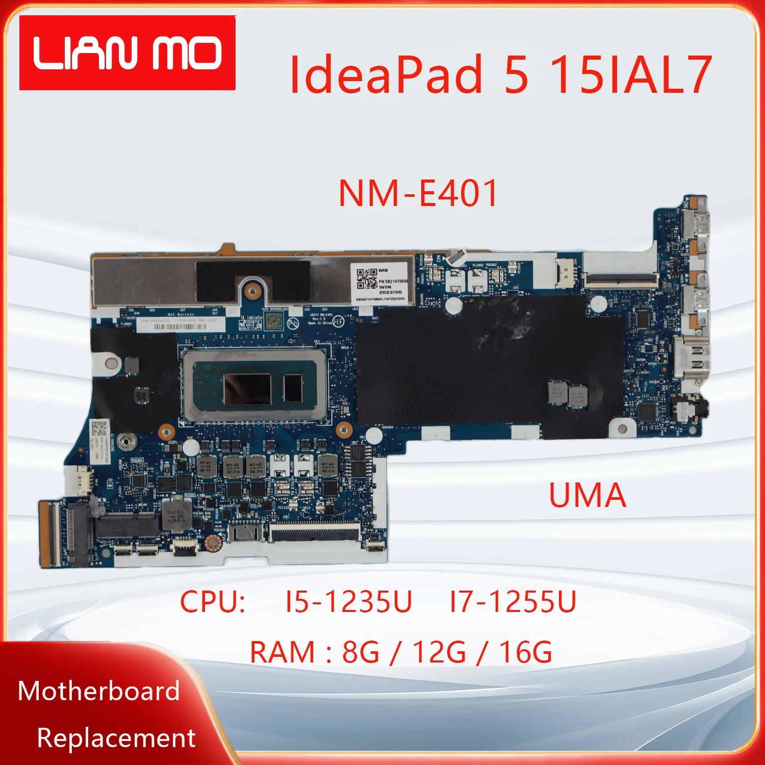 NM-E401 Voor Lenovo IdeaPad 5 15IAL7 Laptop Moederbord met CPU: I5 I7 RAM: 8G/12G/16G MX550 2G 5B21H70694 Notebook Moederbord