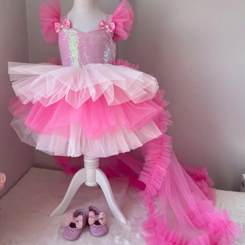 

Pink bow princess dress for 1-12 Yrs Kids Girls Costumes Wedding Birthday Party Ball trailing gown new year Children’s Dress